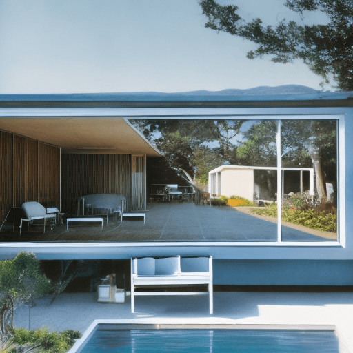 AI generated: Hyper realistic eye level exterior photo of a mid century modern style house overlooking the ocean, ...