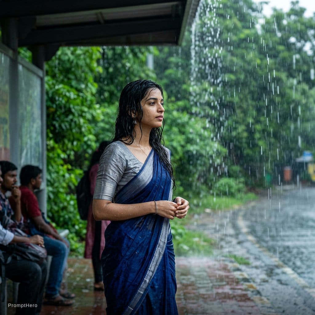 AI generated: Use the uploaded images, create an image of character without specs drenched in rain waiting in a bu...