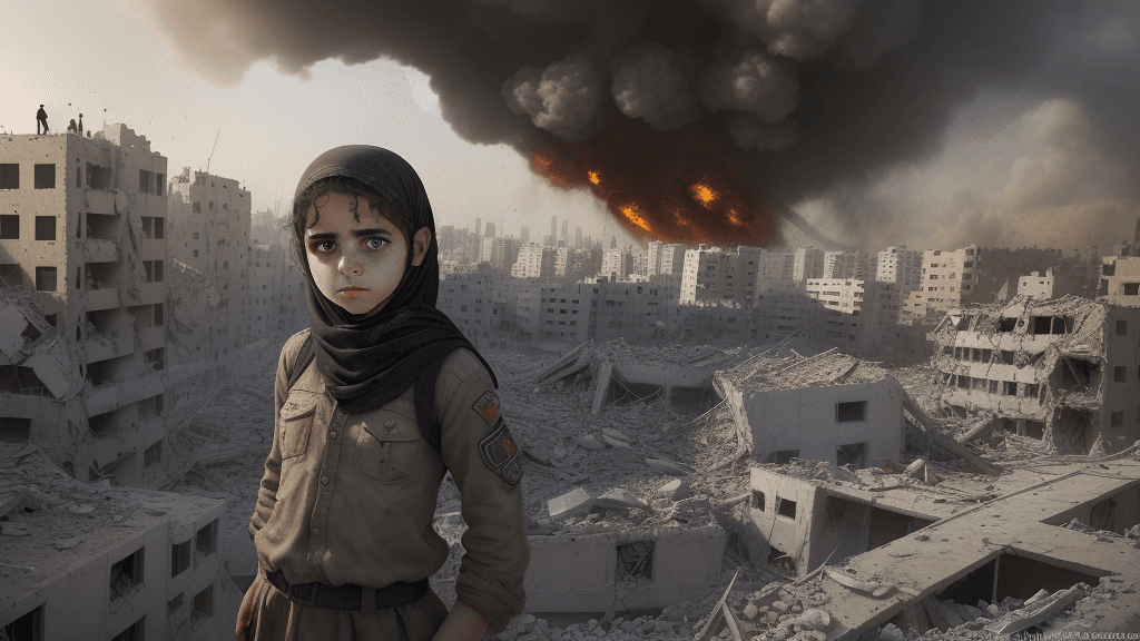 AI generated: A realistic image of a palestinian young girl, 13 years old, in a war gaza city, her facial expressi...