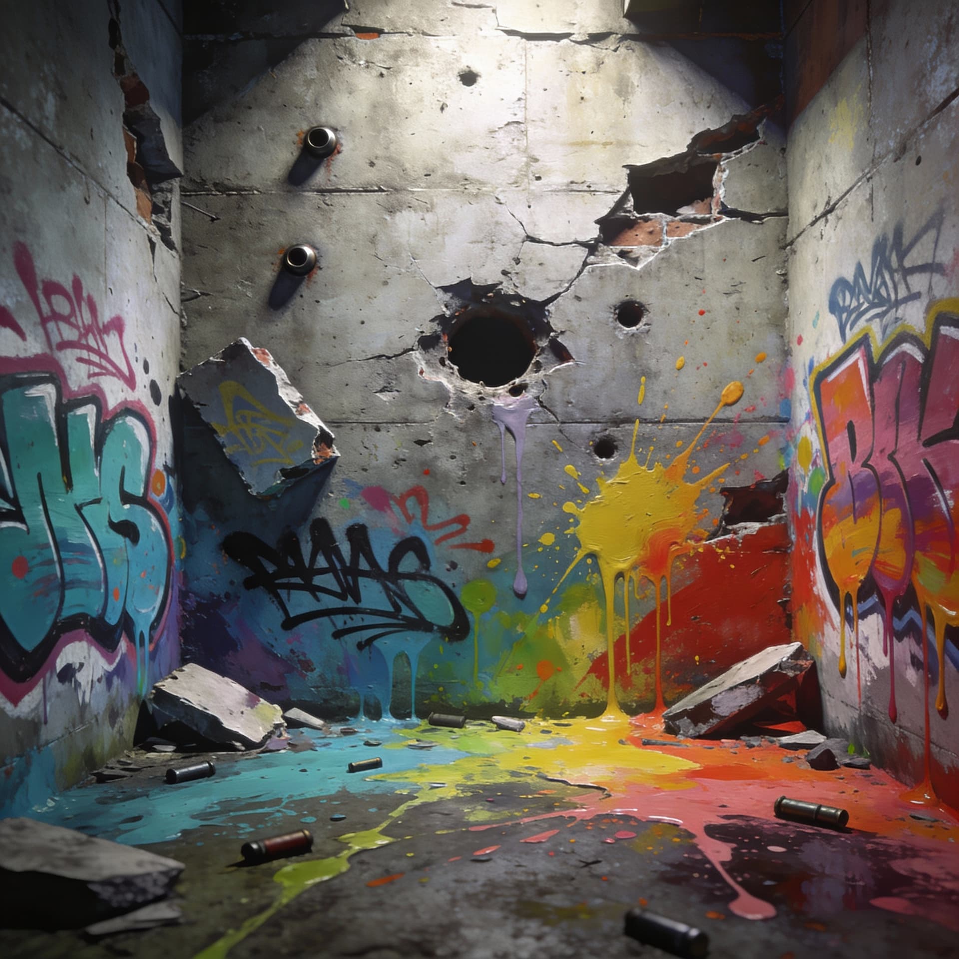 AI generated: pov front view of a 3d realistic illustration of a concrete wall with bullet holes and destroyed wal...