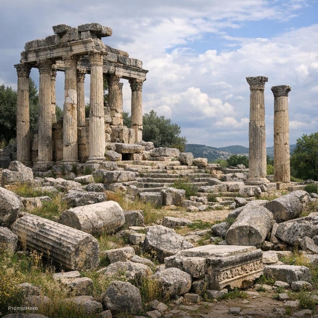 AI generated:  Antik bir tapınağın günümüzdeki harap hali gorsel olustur
