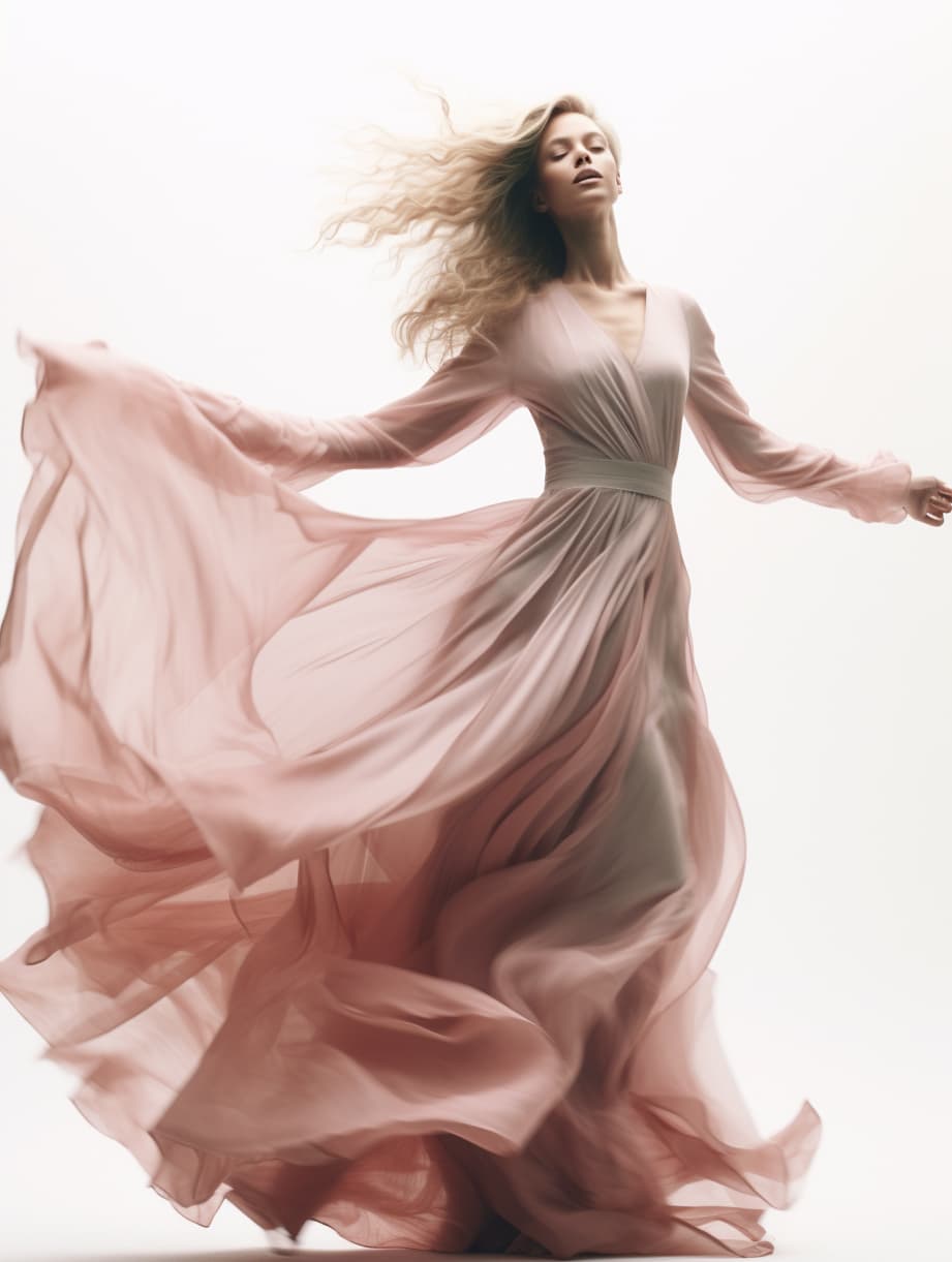 AI generated: a woman in a long dress on the cover of a magazine, dancing elegantly over you, long luxurious light...