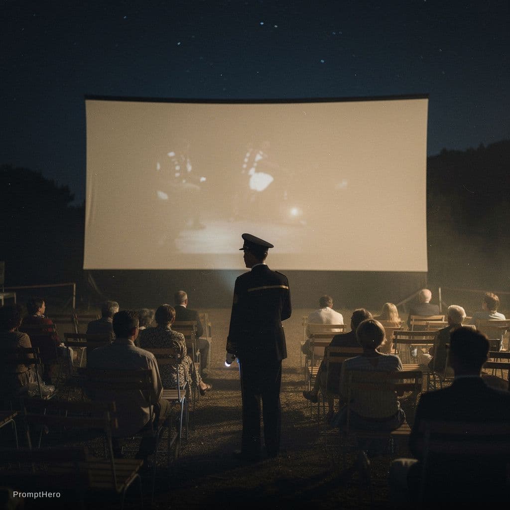 AI generated: A vintage open-air summer cinema at night with a silhouetted usher holding a small flashlight guidin...