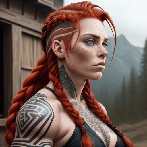 AI generated: Hyper-realistic eye level exterior photo of Norse women with red braided hair and an undercut. muscl...