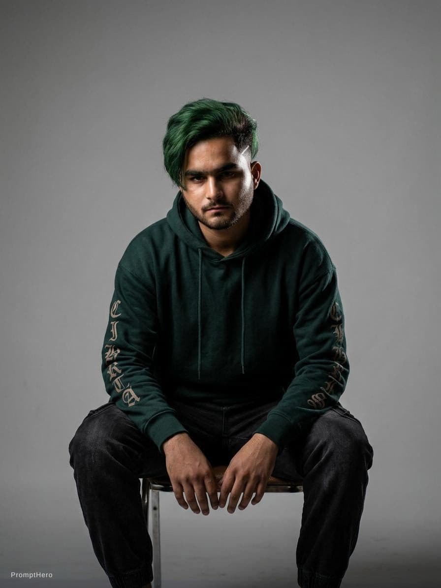 AI generated: photography, long-distance shot, man model, seated on chair, green long undercut, dark deep forest c...