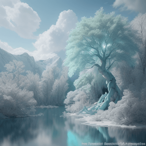 AI generated: lake blue clear crystal, Clouds white, tree green, Colorful, Detailed, 4k, Ultra Hd, Realistic, Vivi...