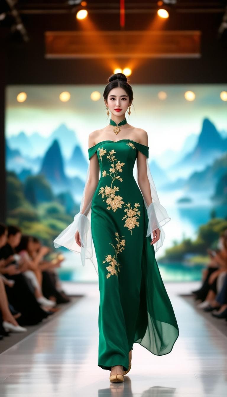 AI generated: A beautiful Chinese model, with a black bun, wearing a stunning traditional Chinese green cheongsam,...
