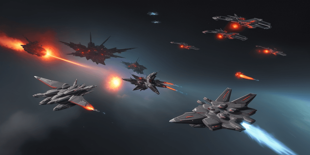 AI generated: a fleet of fighter spaceships, come to rescue an attacked base, the enemy flees while flames are sti...