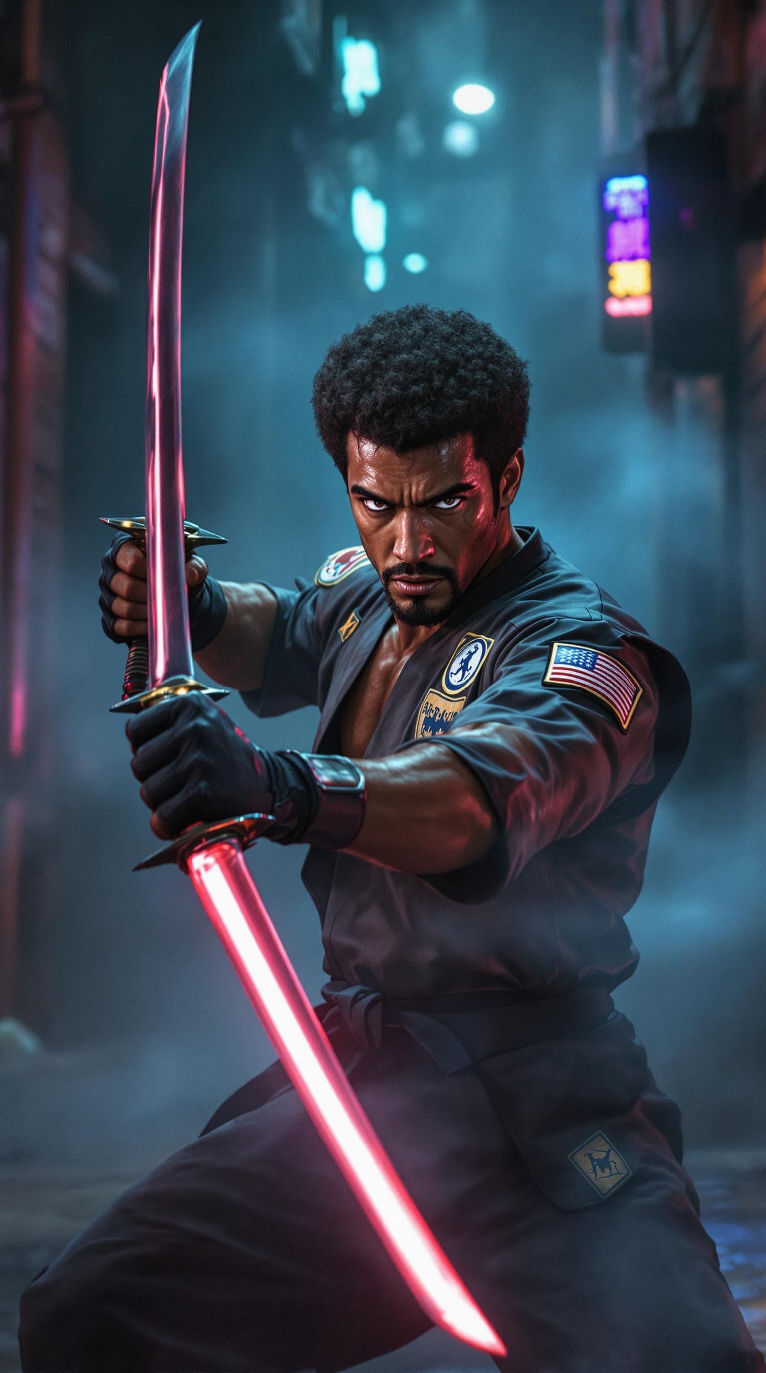 AI generated: A hyperrealistic 1980s-style cinematic scene featuring Steve James as Curtis Jackson from American F...