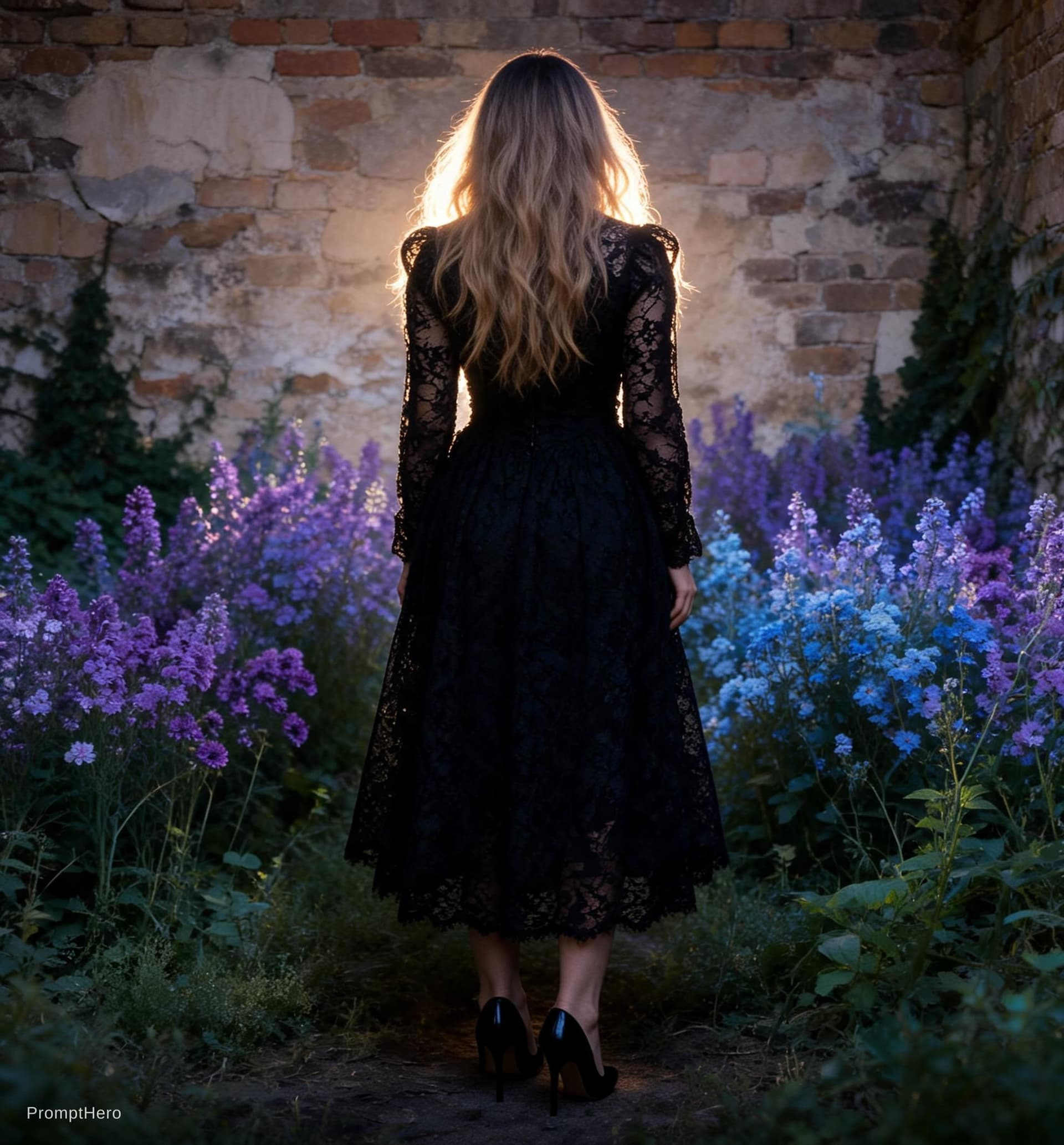 AI generated: Her back to the camera, standing in front an old stone wall, (overgrown:1.1) with (purple:1.1) and (...