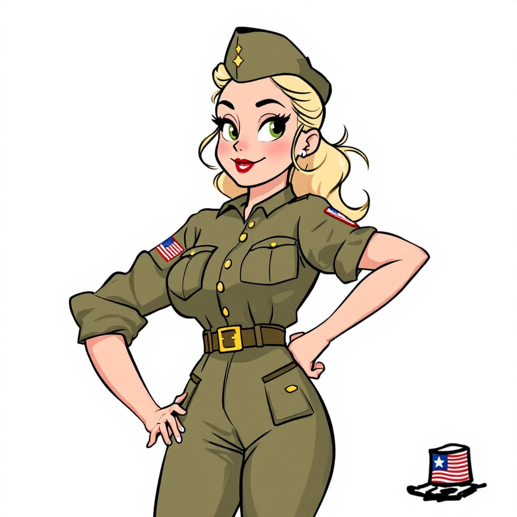 AI generated:  50s PIN up 3 girl, breast 150, green army , White navy, Blue Air force U.S. uniforms cartoon old st...