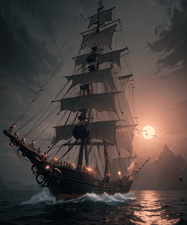 AI generated: A pirate ship walking in the middle of the water in the dusk of the night with the bright moonlight ...