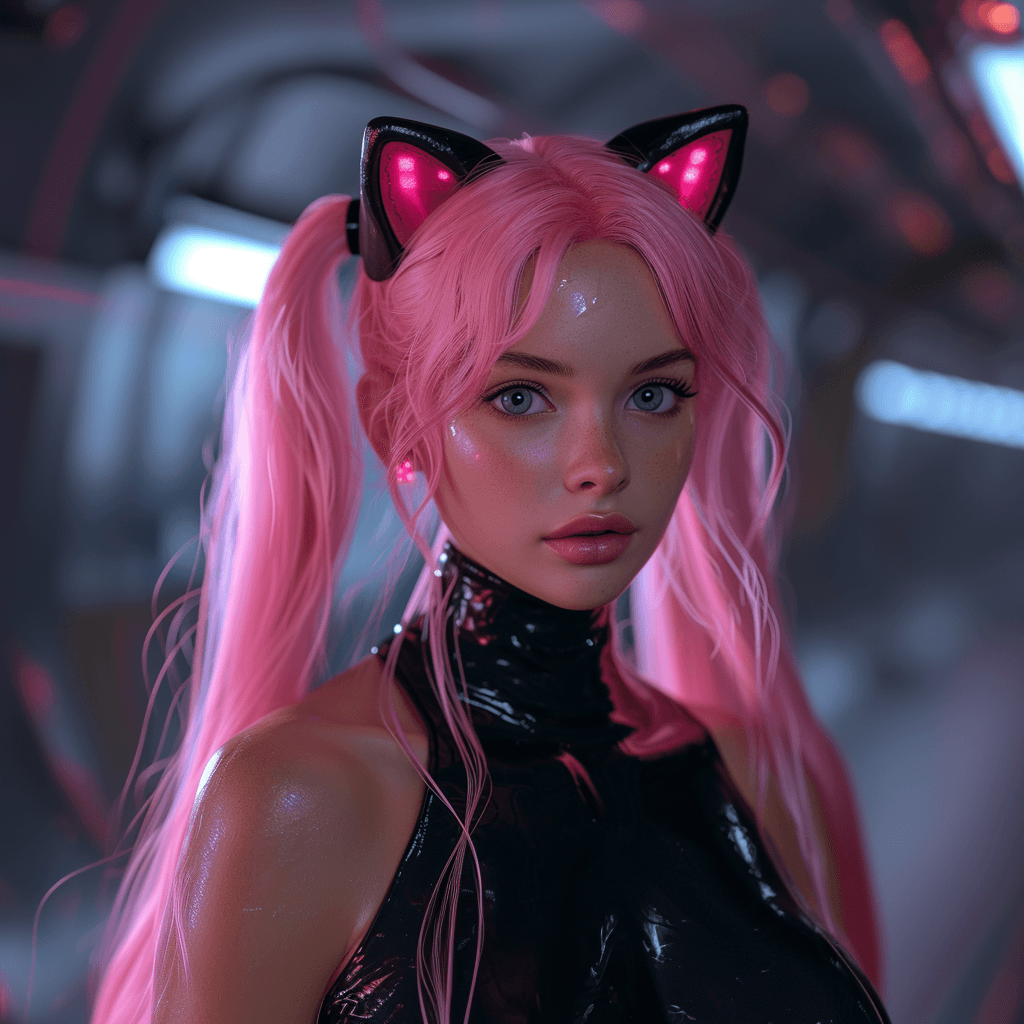 AI generated: beautiful cat human-like, she is dressed in a black latex outfit, she have beautiful light pink hair