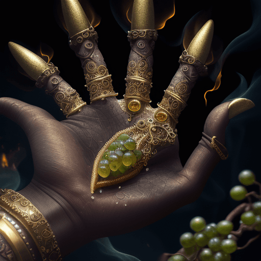 AI generated: An ultra realistic zoom photo of a hand with gold bracelet, rising out of smouldering ashes and embe...