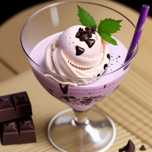 AI generated: a grape ice cream, in a glass cup, having some chocolate chip  on it