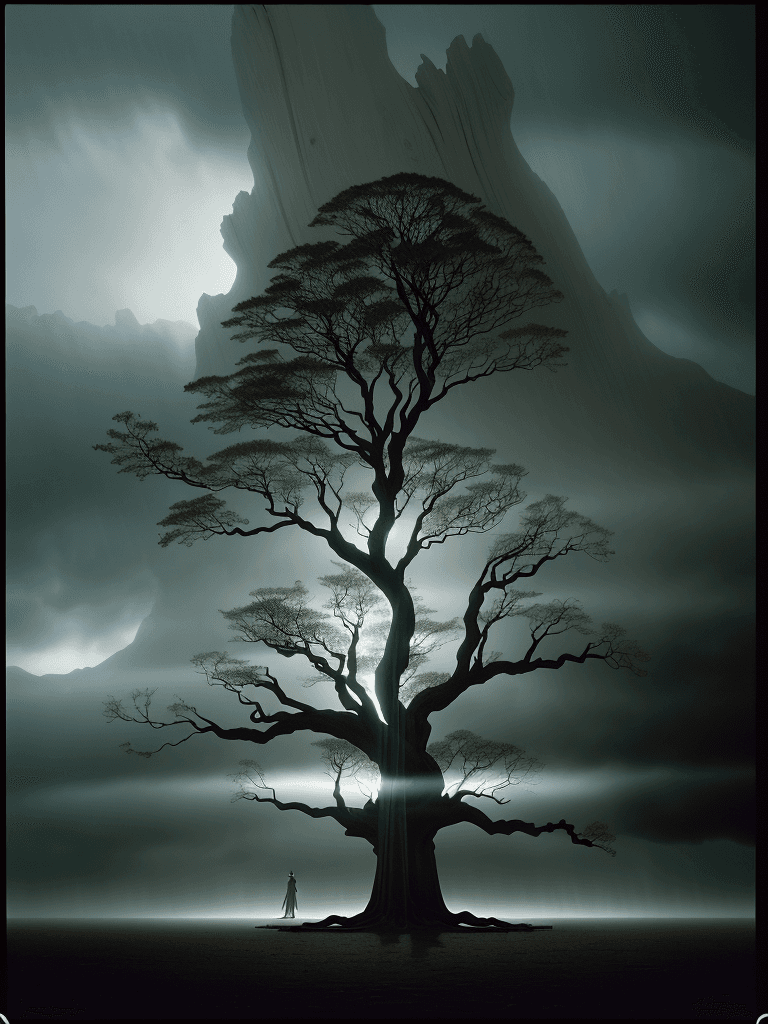 AI generated: a leafless tree with white bark, perhaps with the shadow of a 23 age woman holding a sword in the ba...