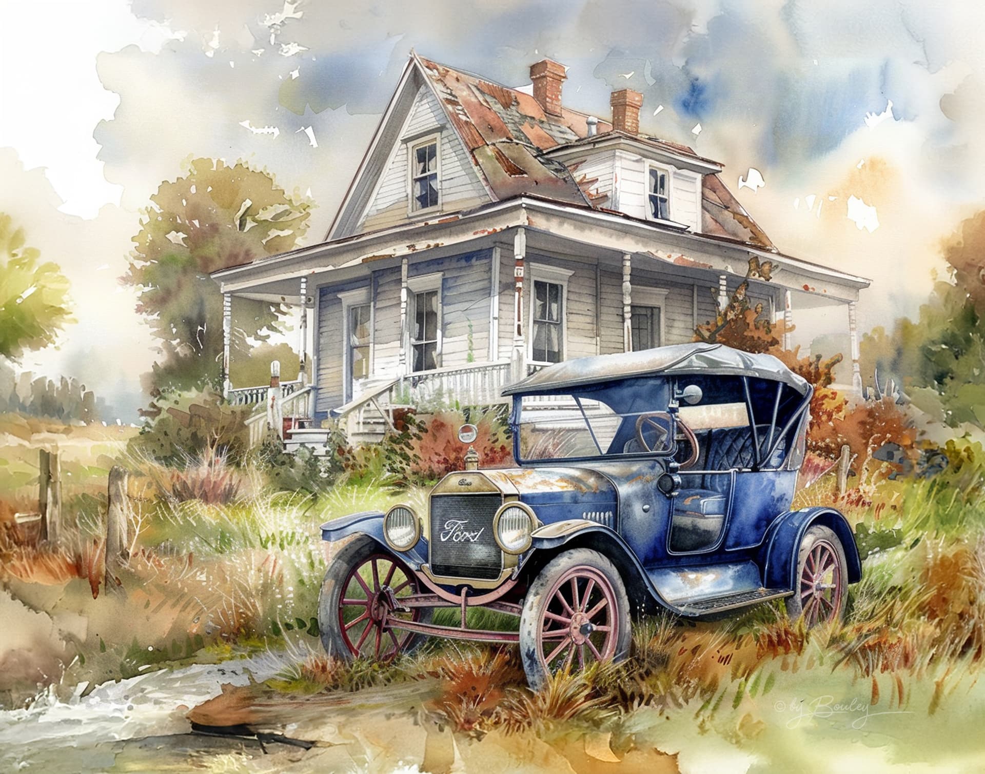 AI generated: Vintage Ford Model T car in front of an old farm house, watercolor, clean edges, --ar 5:4 --personal...