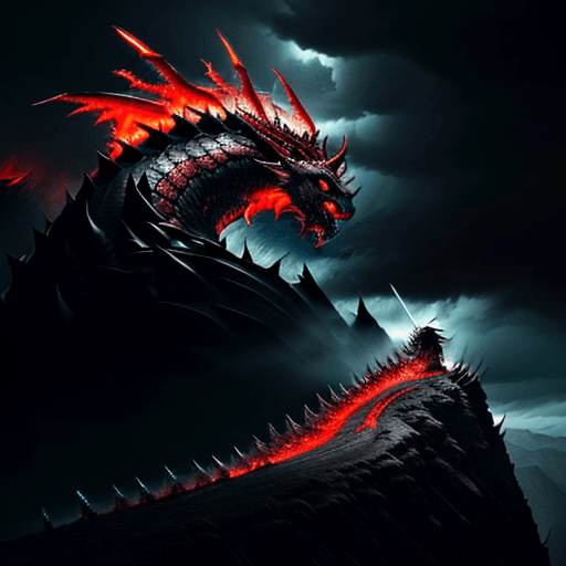 AI generated: Epic landscape where a colossal dragon emerges from the stormy sky, with huge red flames coming out ...