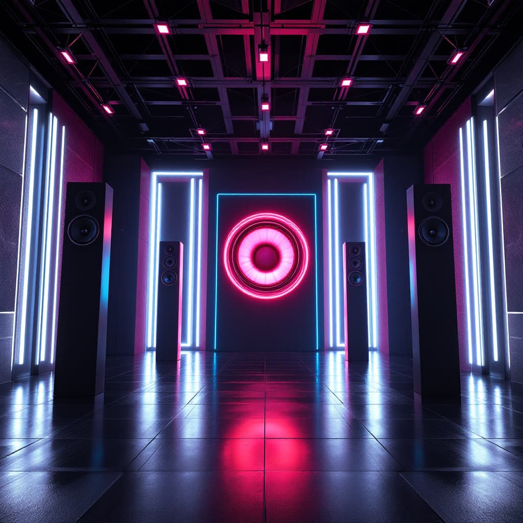 AI generated: a room with music speaker towers with neon vivid woofer colors in the center, cinematic, hyper reali...