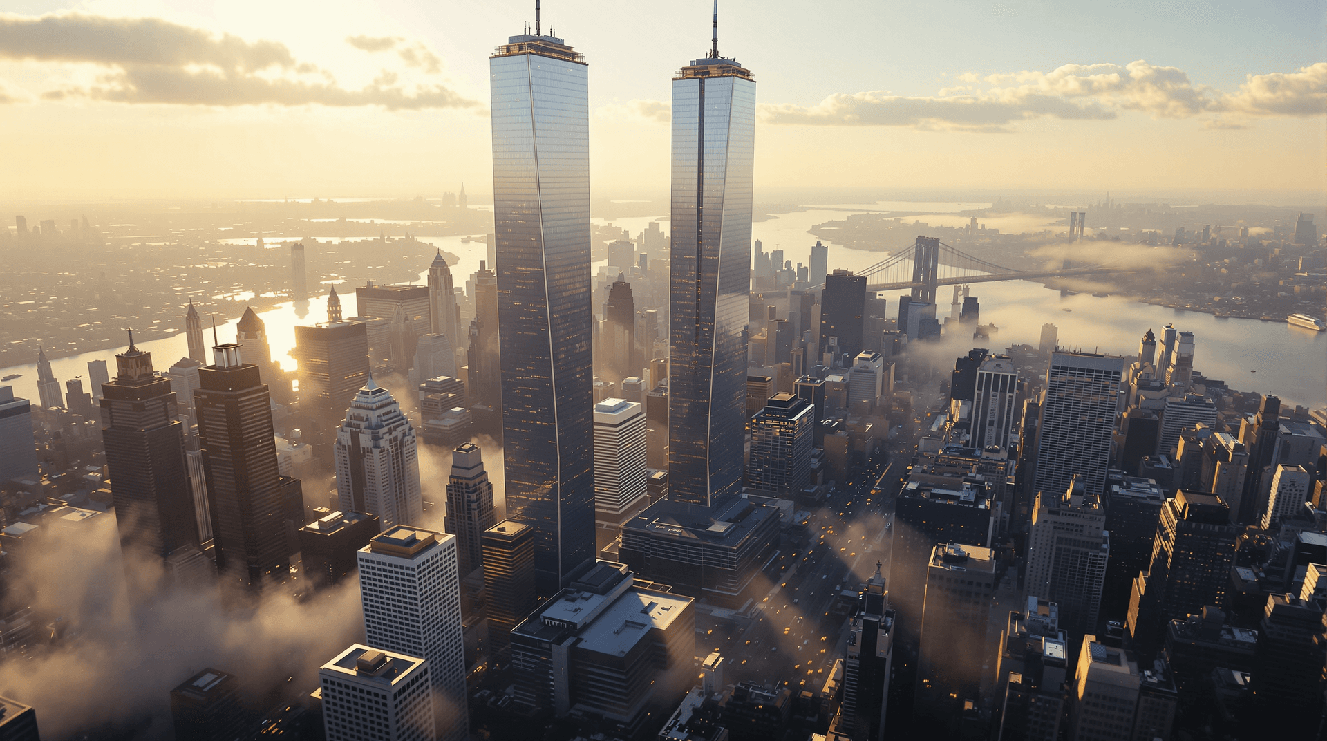 AI generated: A breathtaking, high-speed birds-eye perspective racing through downtown Manhattan at sunrise, just ...