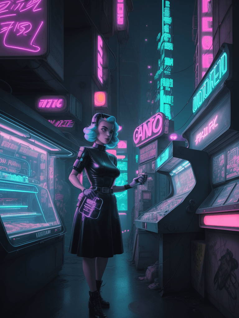 AI generated: girl of the future using a food vendor machine, retro 1950s design, electronic artwork, manga charac...