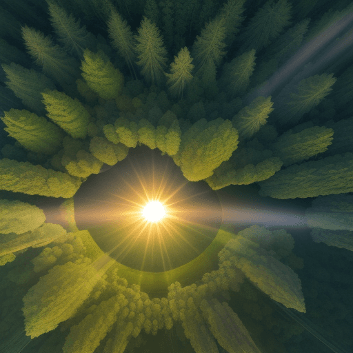 AI generated: A deep forest, wide,  top view, sun falling time, sun reflection on small rever in forest