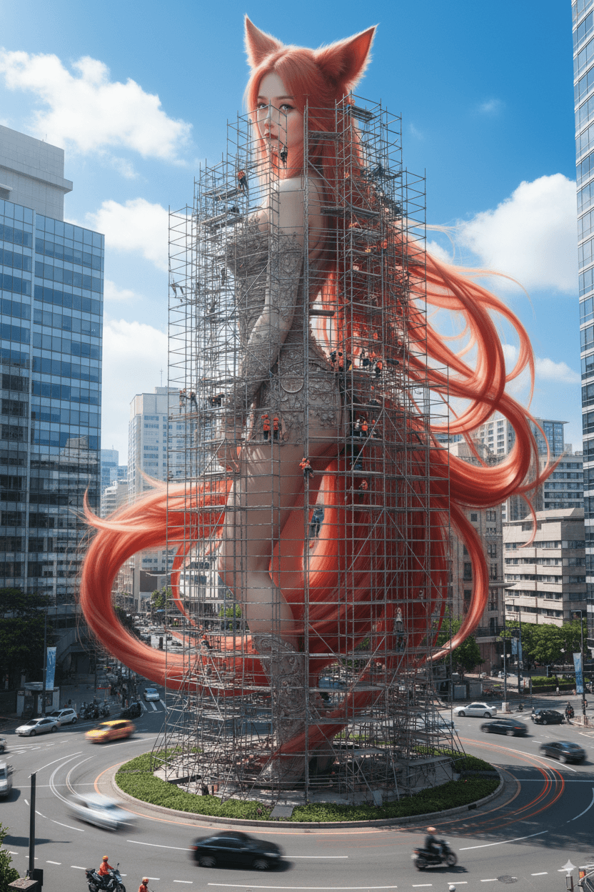AI generated: An ultra-realistic, giant statue (based on the uploaded photo of the person) stands in the center of...