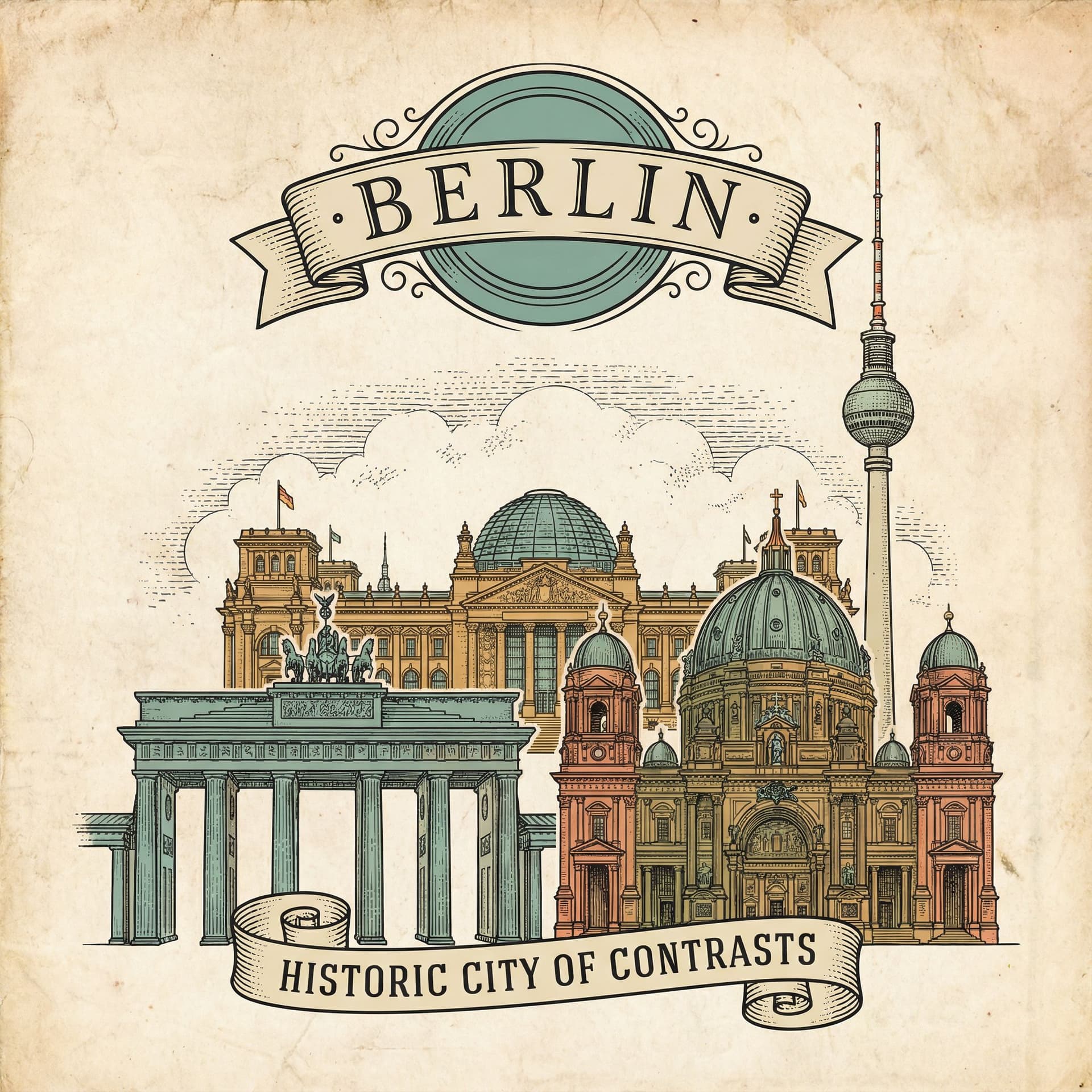 AI generated: Create a vintage poster illustration of Berlin, rendered in a retro engraved drawing style with fine...