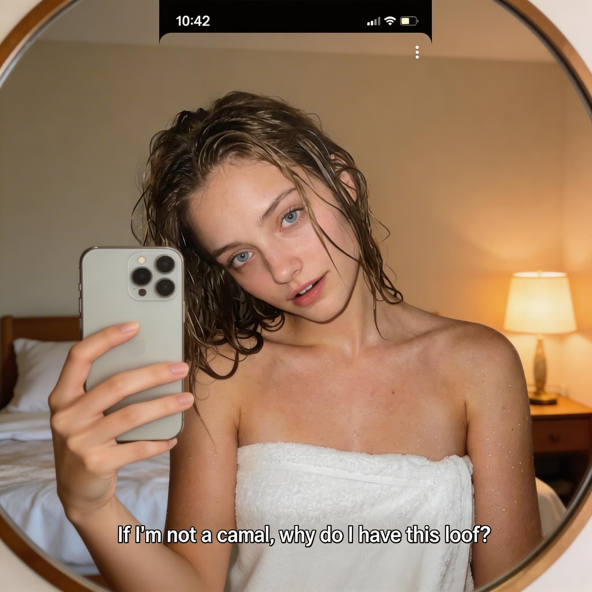 AI generated: A realistic mirror selfie video recorded on an iPhone of a woman standing in a softly lit bedroom. S...