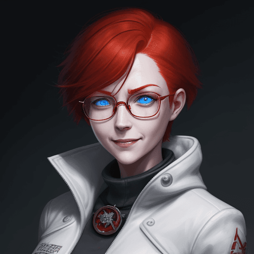 AI generated: female red-haired girl with blue eyes, short hair, a forensic wearing round glasses, a white jacket ...