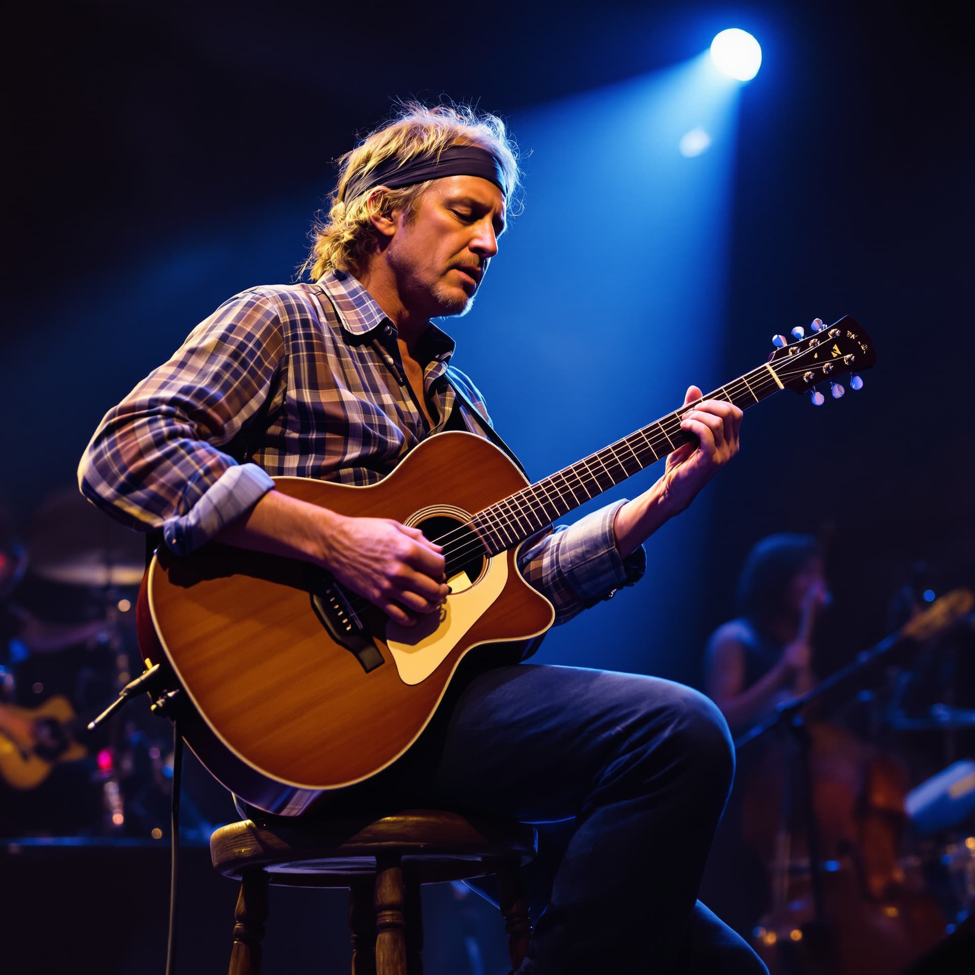 AI generated: Mark Knopfler performing live on stage in the 1980s, sitting on a wooden stool, wearing a headband, ...