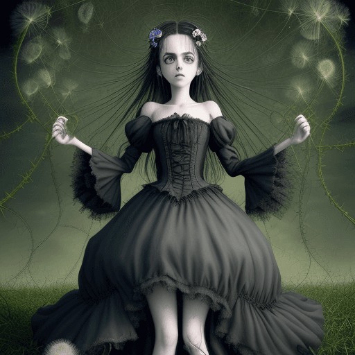 AI generated: In the style of Tim Burton, a hyper realism hd full body shot of a vintage gothic anime girl, a dand...