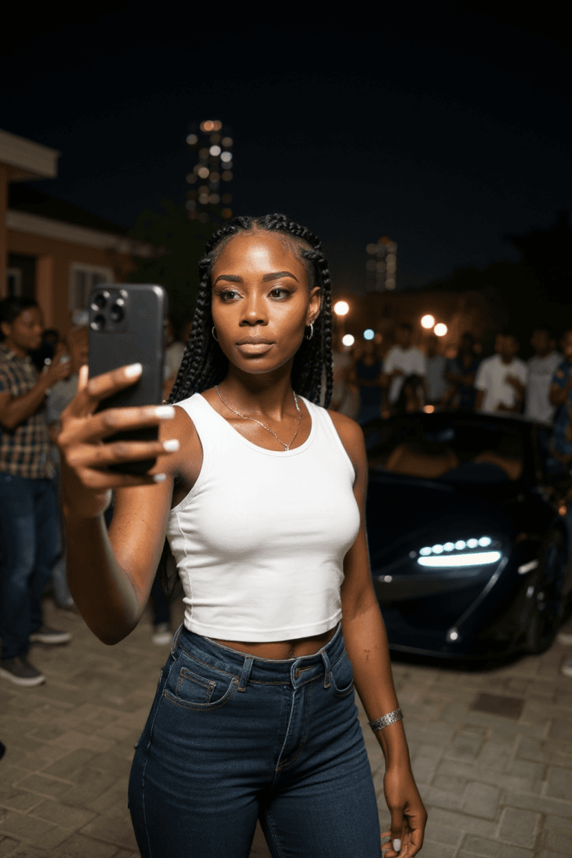 AI generated: A stunning 22-year-old Nigerian female blogger with natural glowing skin, trendy streetwear, and box...