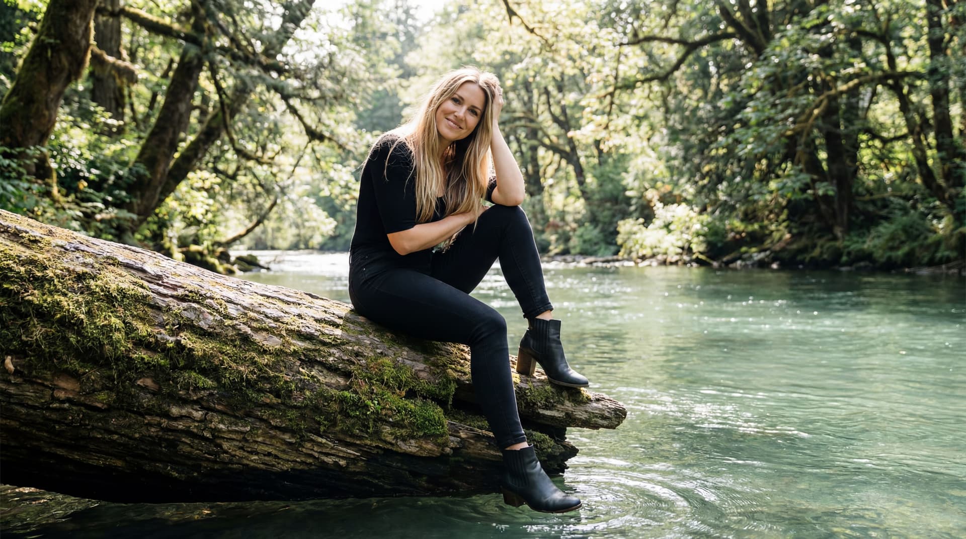 AI generated: The image is a portrait featuring a woman seated on a large, fallen tree trunk that extends into a s...