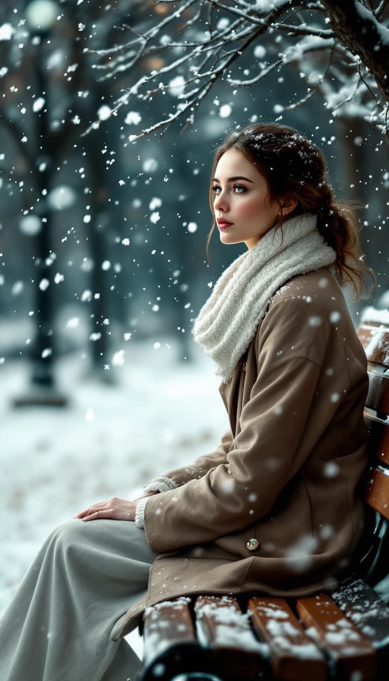 AI generated: 24. A poignant, three-quarter portrait of a woman sitting on a park bench covered in snow, the falli...