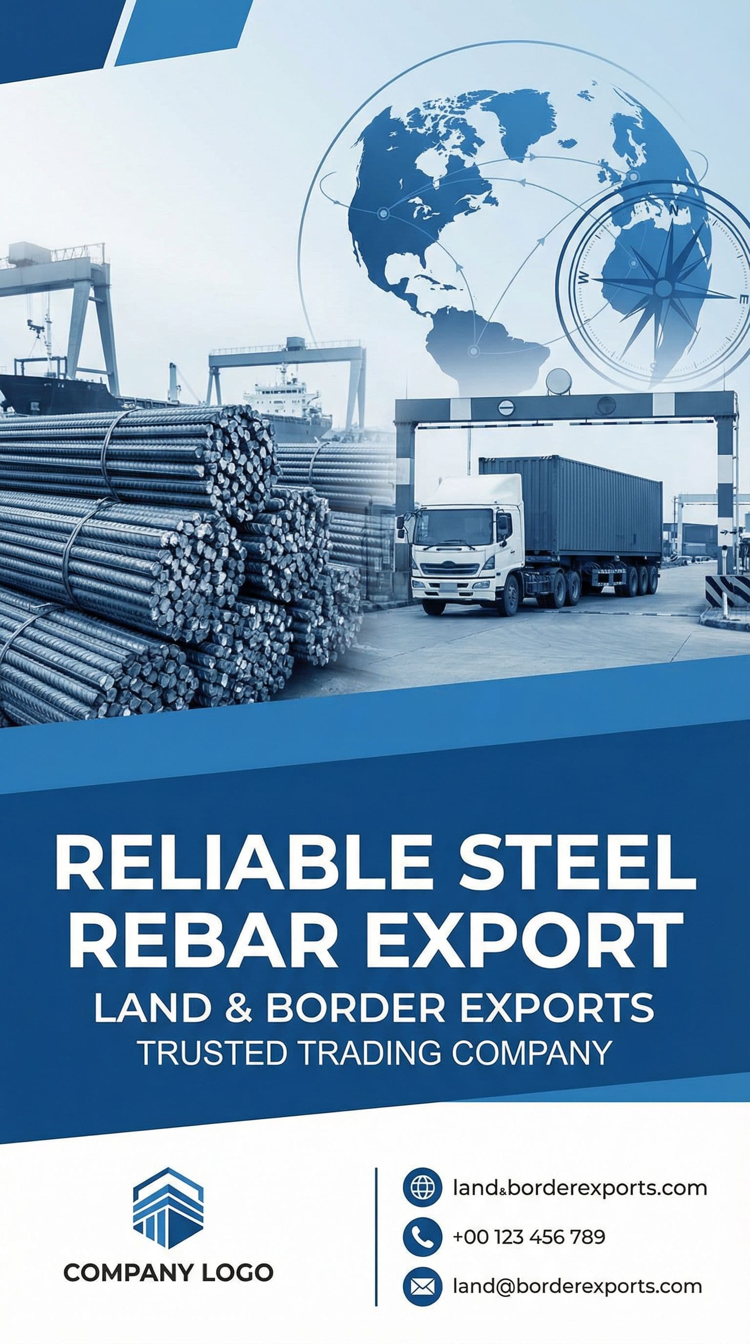 AI generated: "Create a professional vertical (9:16) poster for advertising steel rebar export services. The desig...