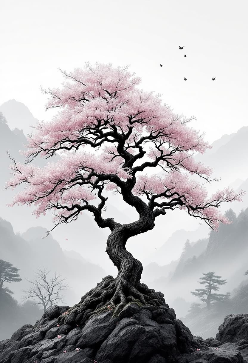 AI generated: Traditional Japanese cherry tree with a naturally twisted trunk and realistic branch structure. The ...