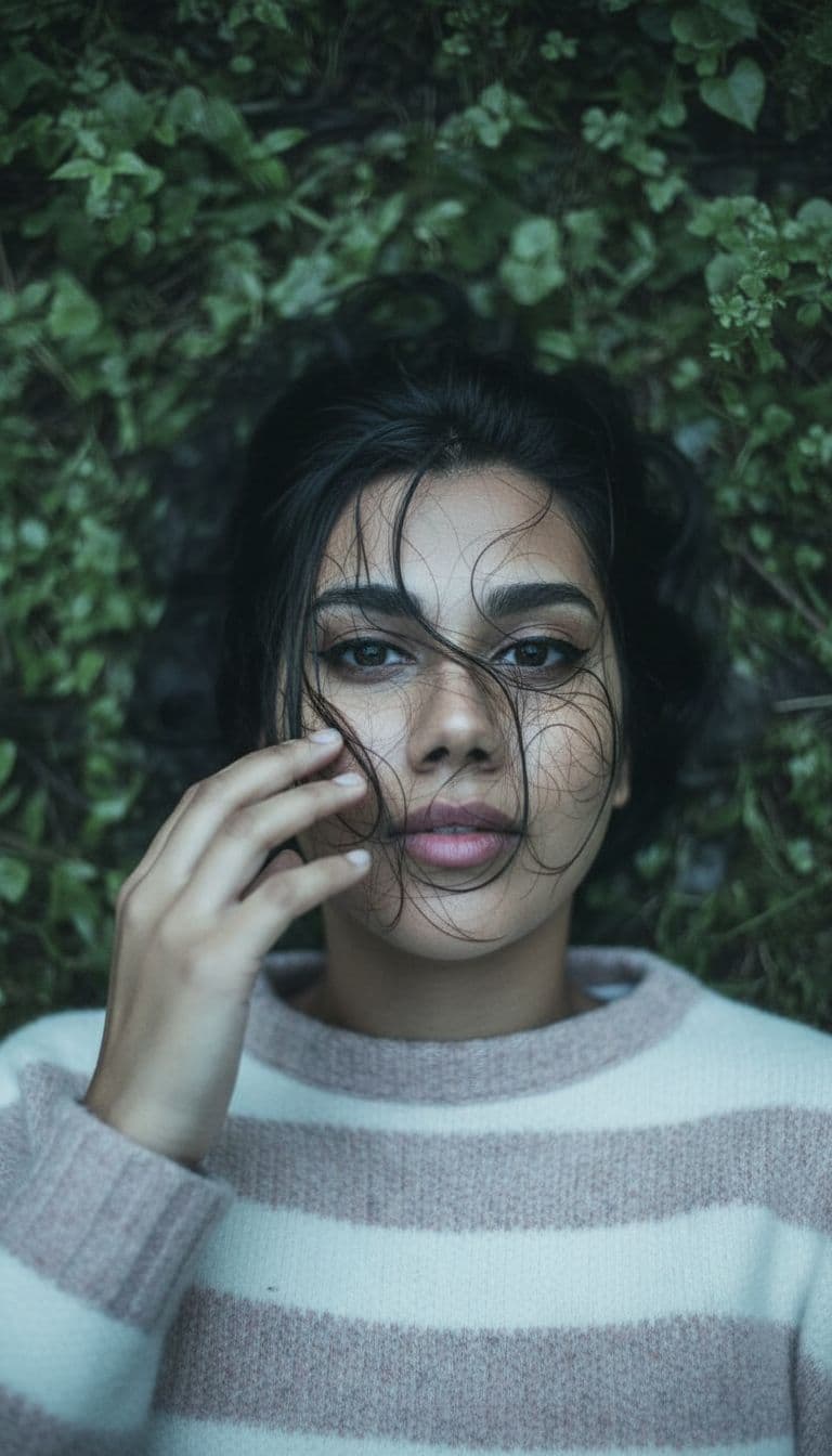 AI generated: A natural and emotional portrait in an outdoor setting. The person is lying down, and the camera cap...