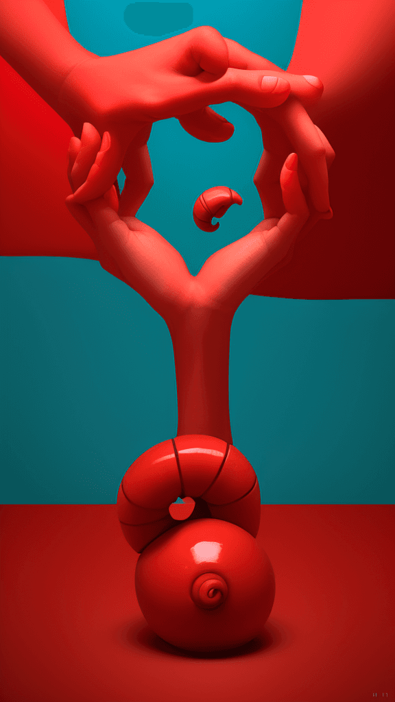 AI generated: one two hands bending down to reach a red object, in the style of vibrant compositions, snailcore, p...