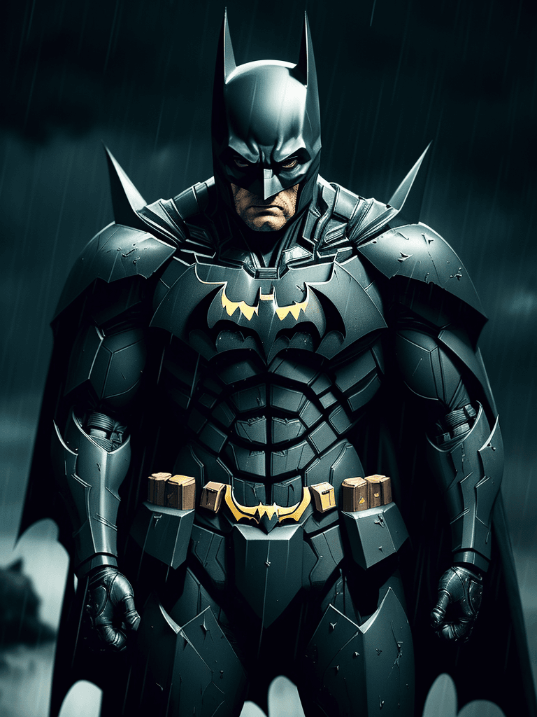 AI generated: batman wearing gundam armor| battle damaged armor| its a dark rainy night| epic fight scene| wounded...