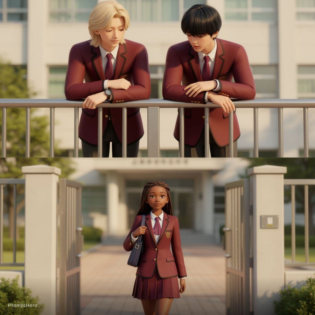 AI generated: 3D semi-realistic Korean webtoon style, high-detail shading and soft lighting. On the school balcony...