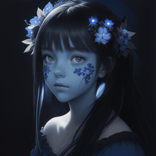 AI generated: a beautiful picture of a girl with blue flowers on her face, in the style of monochromatic paintings...