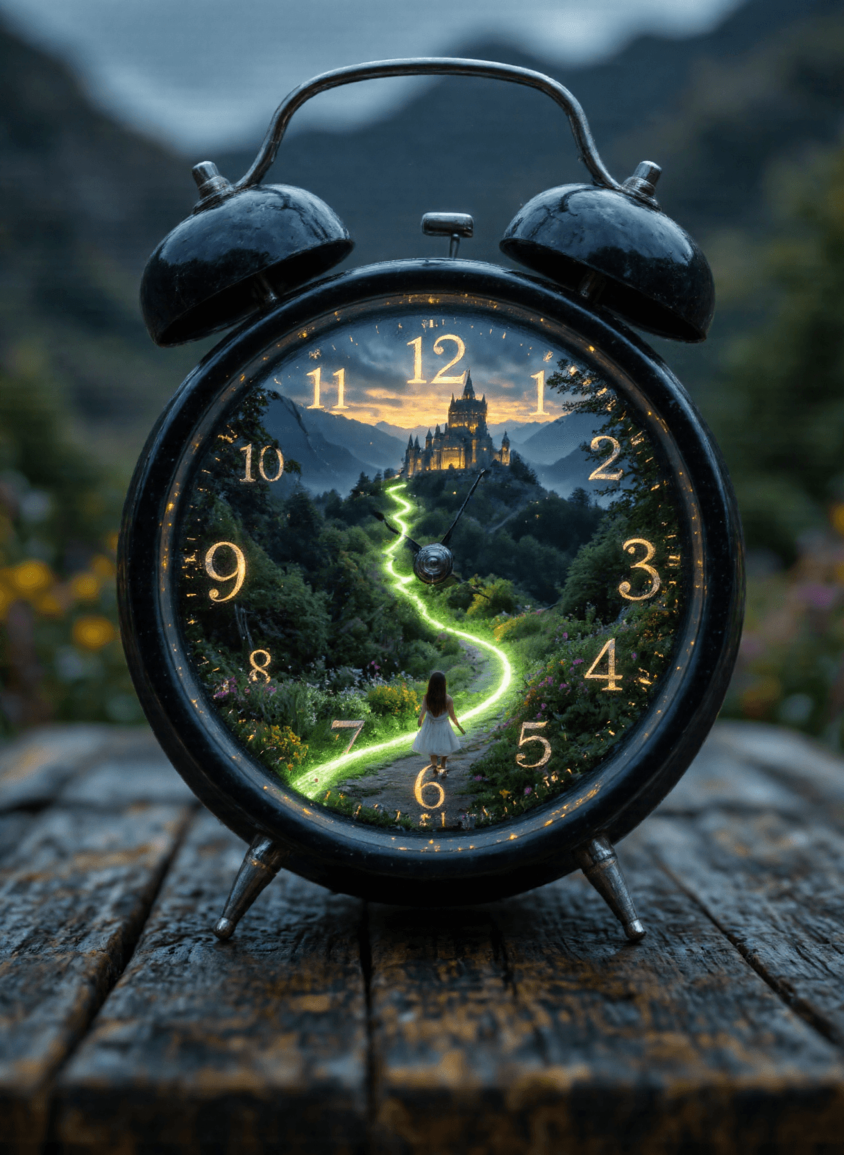 AI generated: The image depicts a surreal scene where an old-fashioned alarm clock serves as the central object. T...