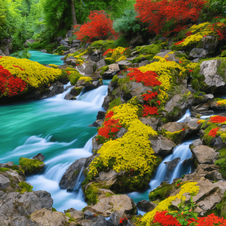 AI generated: foliage, plants, flora, trees, nature, flowers, waterfall, bright, high detail, high resolution, pho...