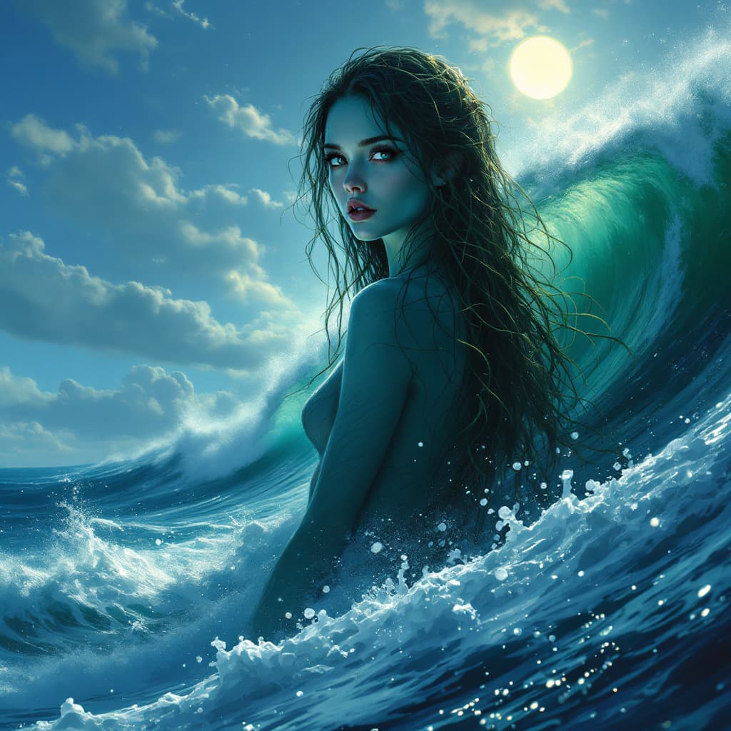AI generated: A tall mysterious woman with seafoam-colored skin, deep dark blue eyes and a captivating gaze, long ...