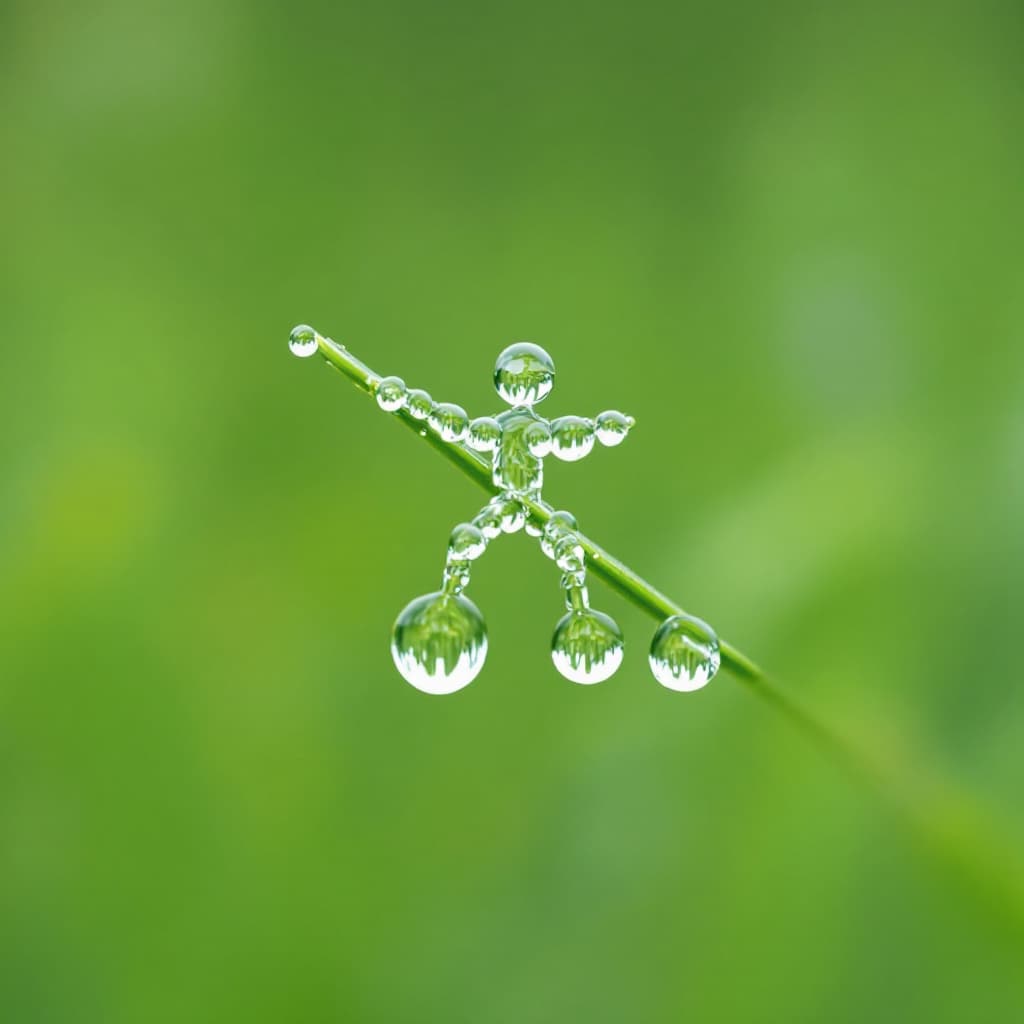 AI generated: water droplets shaped like a figure on a blade of grass, resembling a see-saw