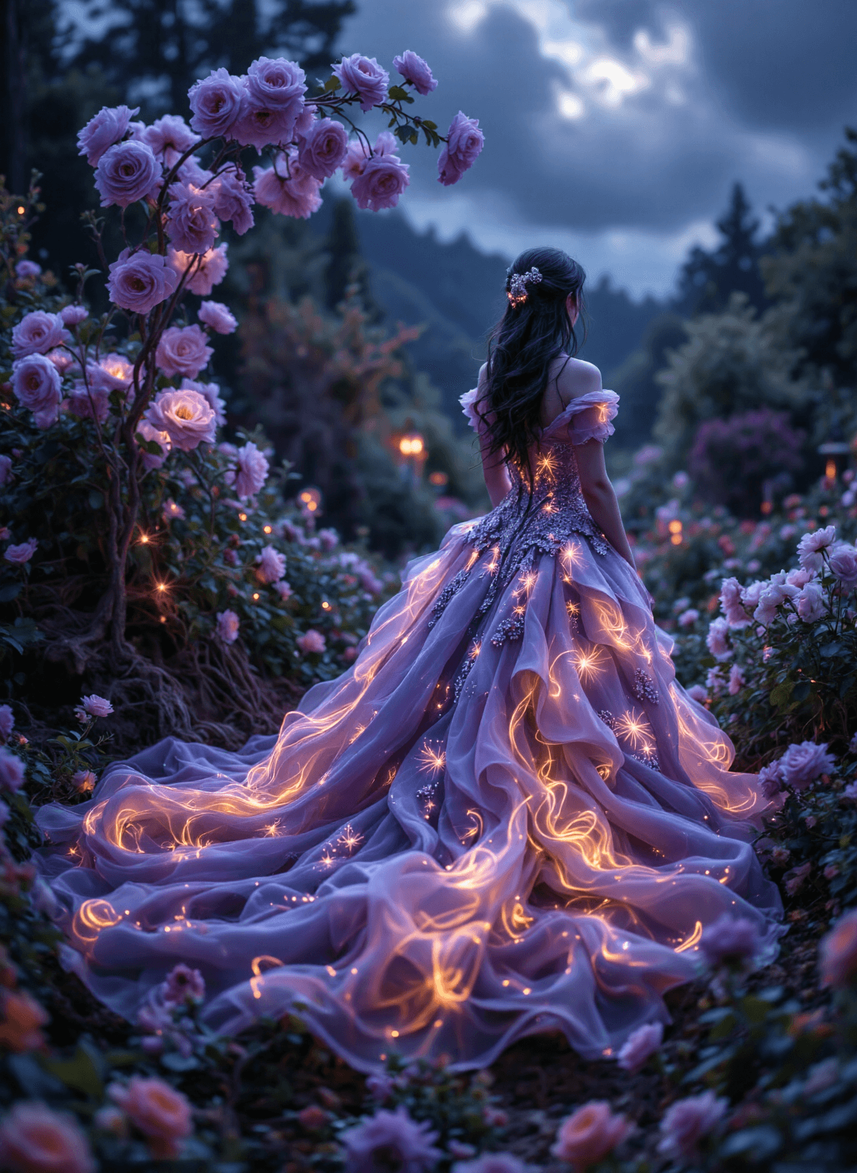 AI generated: The image depicts a surreal and enchanting scene featuring a woman standing in a mystical garden. Sh...