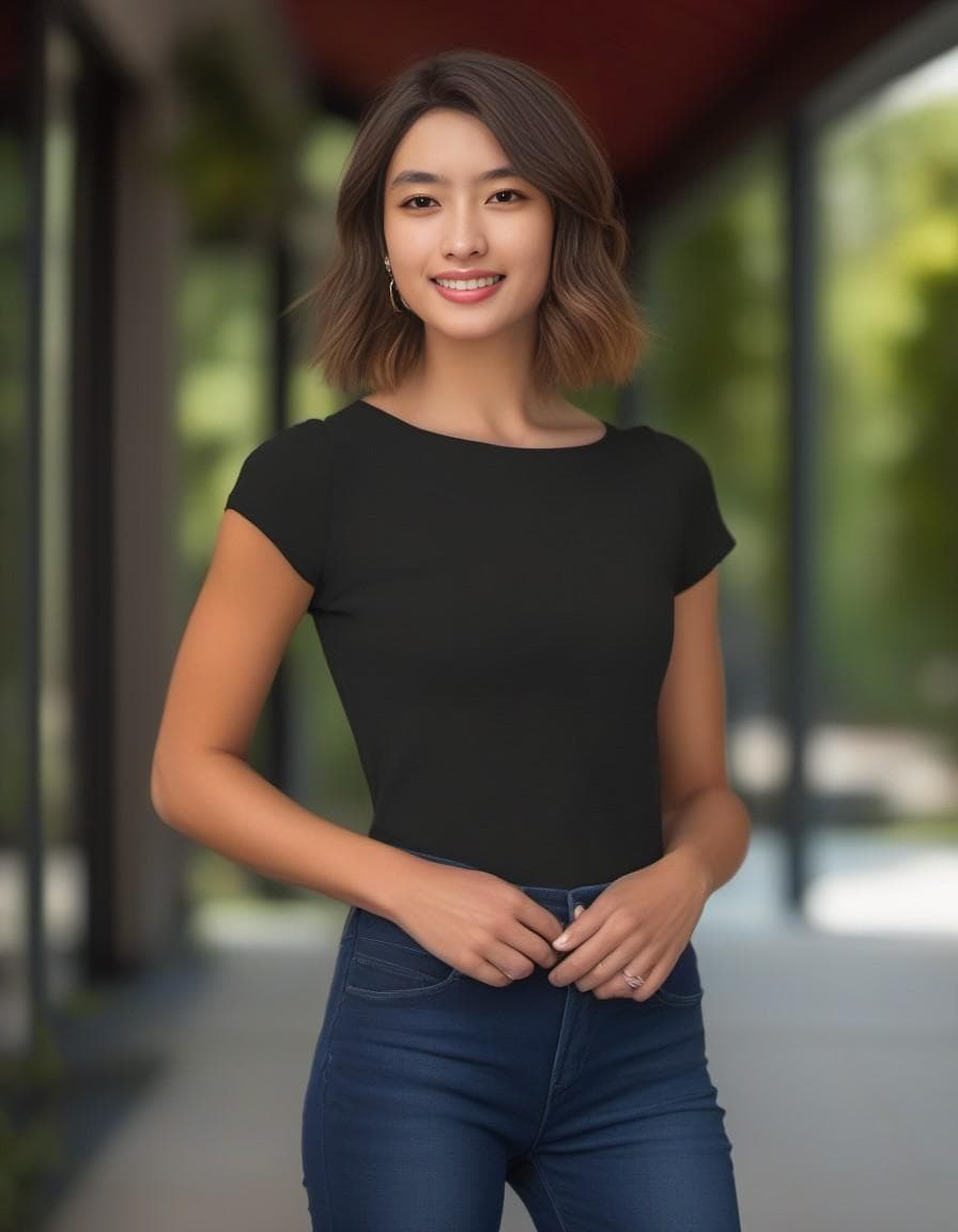 AI generated: A waist-up portrait of a young beautiful of mixed-races girl,, soft natural skin, medium bob hairsty...