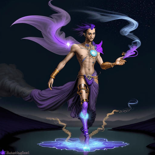 AI generated: cyberpunk, male Arabian Genie, bluish-purple elemental skinned, flying out in a stream of smoke from...