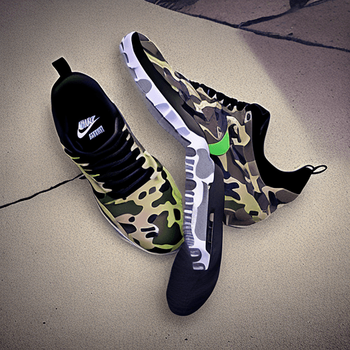 AI generated: photograph, productive, Nike shoes, camouflage pattern, black, spectacular reflection, neon
